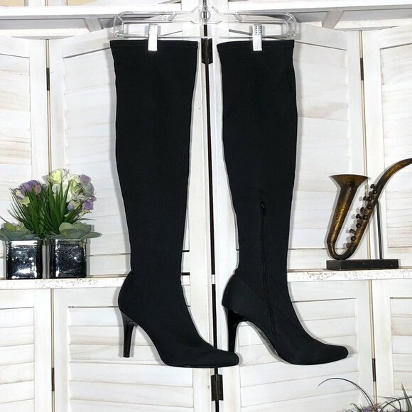 Nine West over the knee black boots skinny heel stretchy wide calf Sz 9.5 - Picture 1 of 10